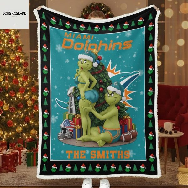 Miami Dolphins Funny Grinch Kiss Ass Christmas Blanket Quilt