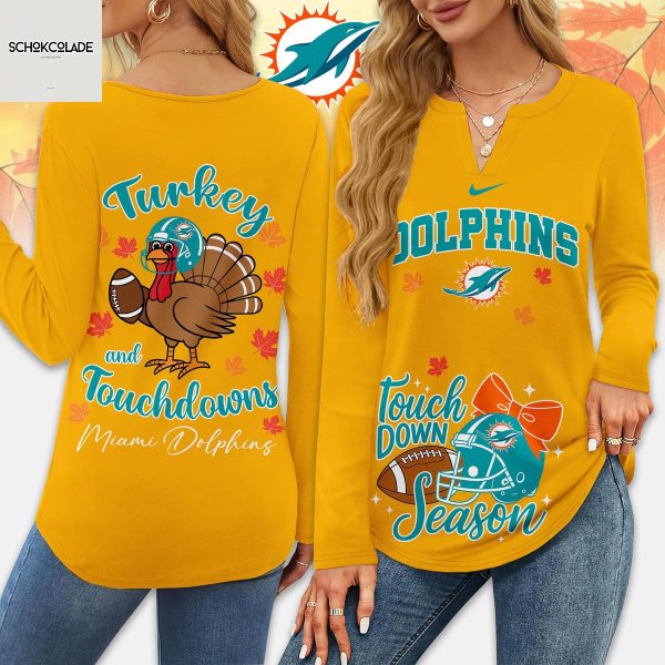 Miami Dolphins Thanksgiving Turkey And Touchdowns Long Sleeve Shirt
