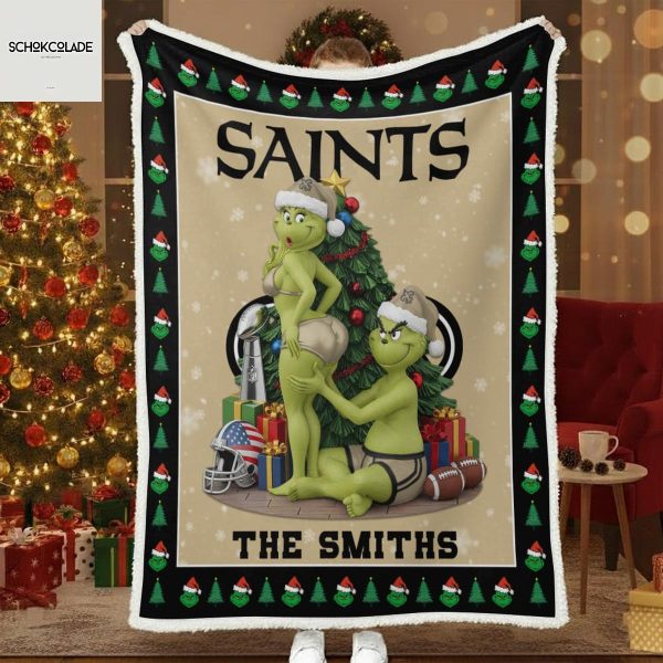 New Orleans Saints Funny Grinch Kiss Ass Christmas Blanket Quilt